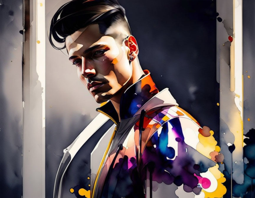 Vibrant man illustration with modern haircut and colorful jacket on dark background