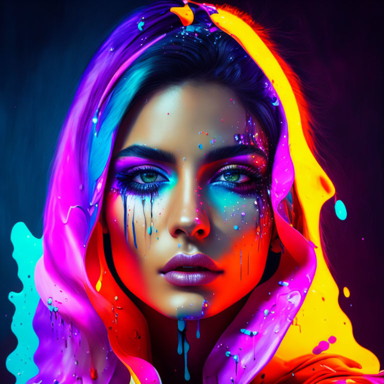 Colorful digital portrait of woman with neon paint drips on dark backdrop