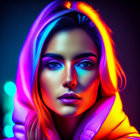 Colorful digital portrait of woman with neon paint drips on dark backdrop