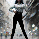 Illustrated woman with dark hair, red lipstick, in city street attire