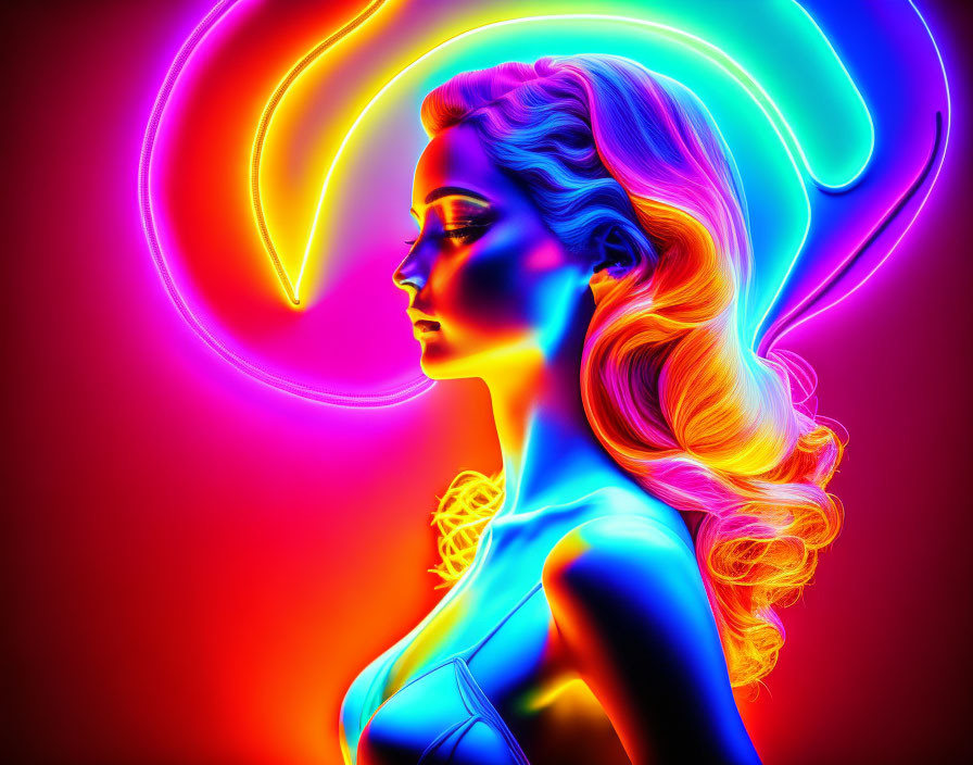 Vibrant neon-lit woman profile with colorful hair on gradient background