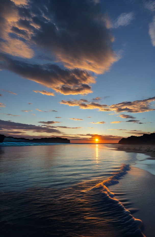 Tranquil beach sunset with vibrant clouds and gentle waves