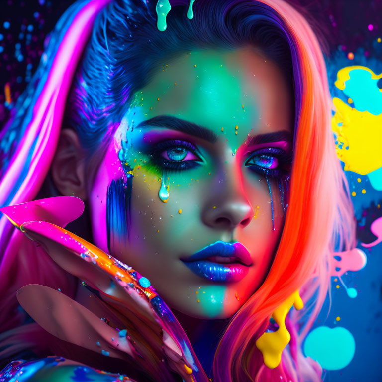 Colorful Neon Makeup and Paint Splashes on Woman with Blue Eyes and Butterfly Wing