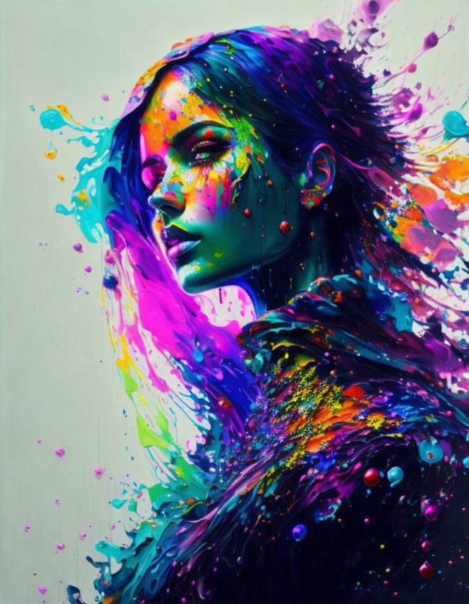 Colorful profile portrait of a woman with multicolored paint splashes.