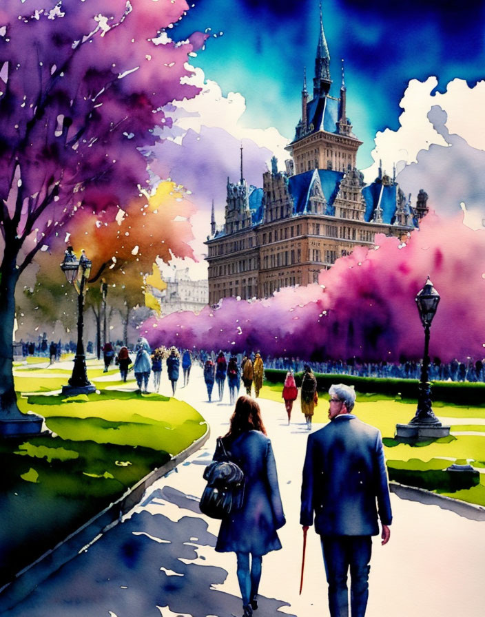 Colorful Watercolor Painting: Couple Walking to Castle Amid Vibrant Scene