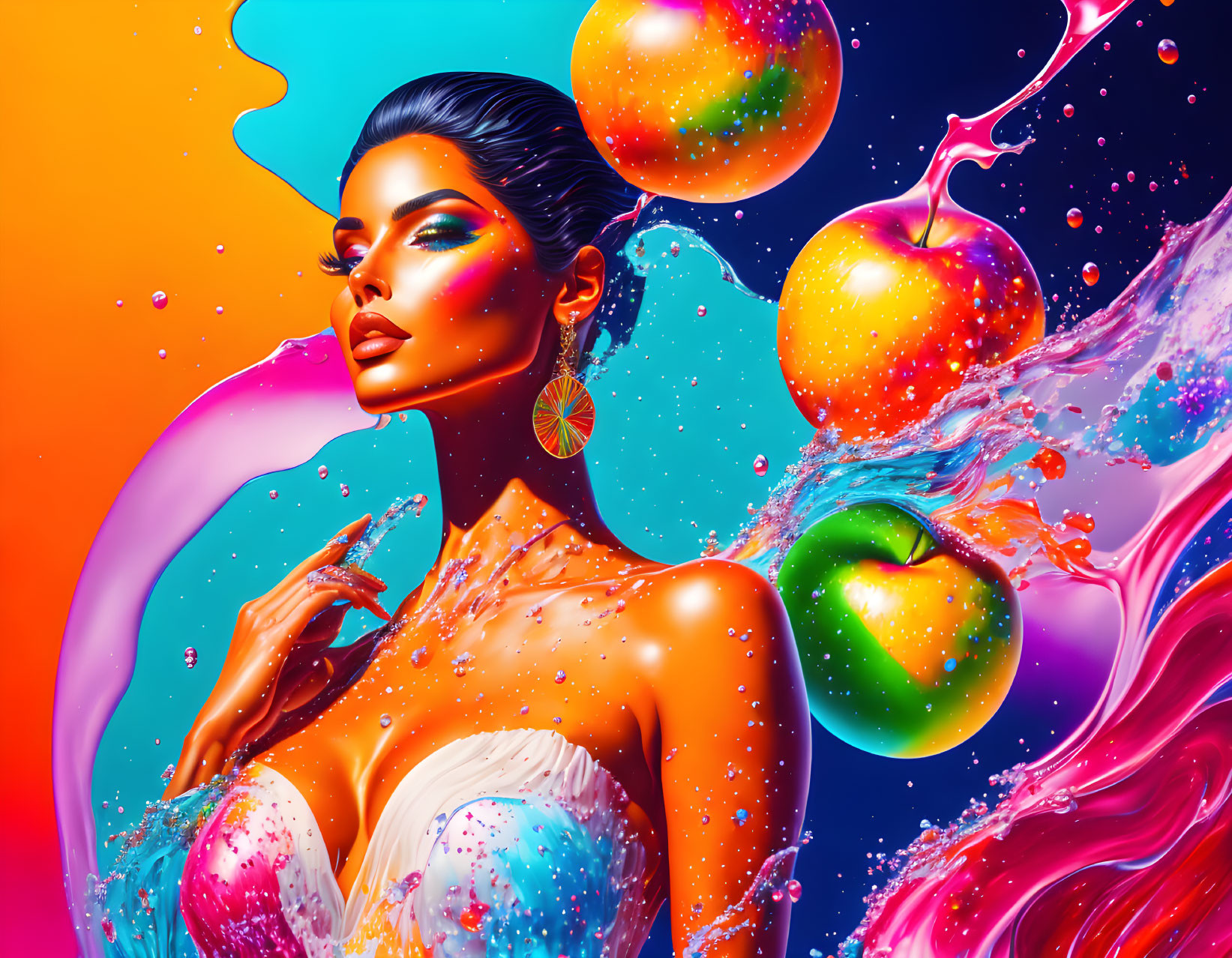 Colorful makeup woman with floating apples and liquid splashes