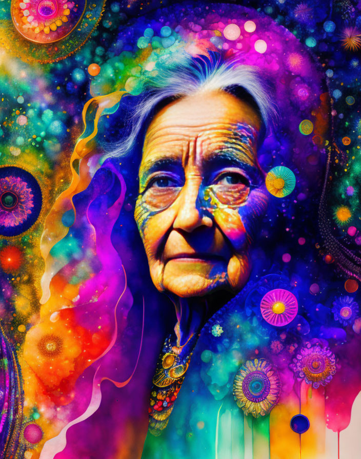 Elderly woman's portrait with vibrant psychedelic colors