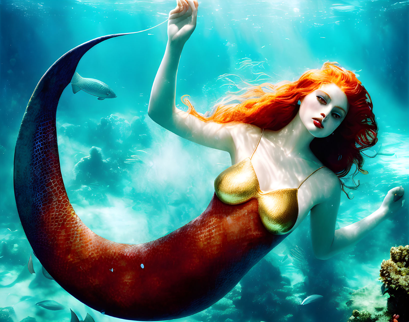 Vibrant digital artwork of red-haired mermaid underwater.