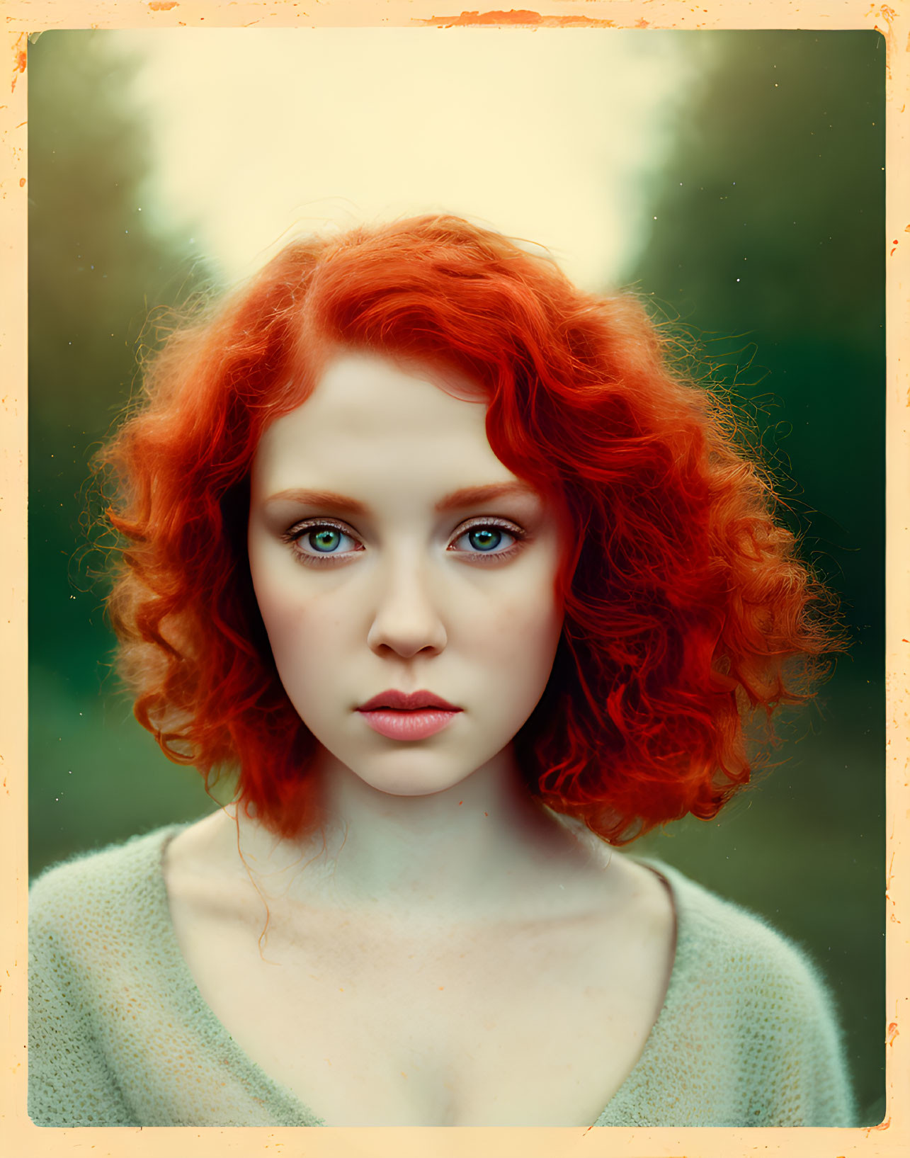 Vibrant red-haired woman with blue eyes on green backdrop