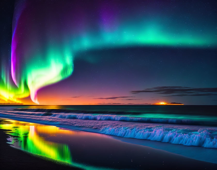 Colorful Aurora Borealis Over Tranquil Beach at Twilight