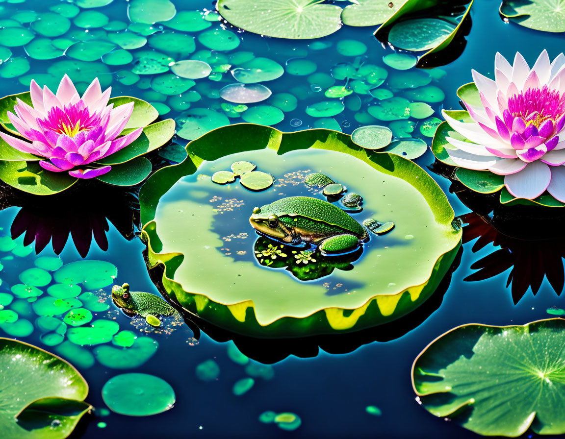 Green Frog on Lily Pad Surrounded by Lotus Flowers in Tranquil Pond