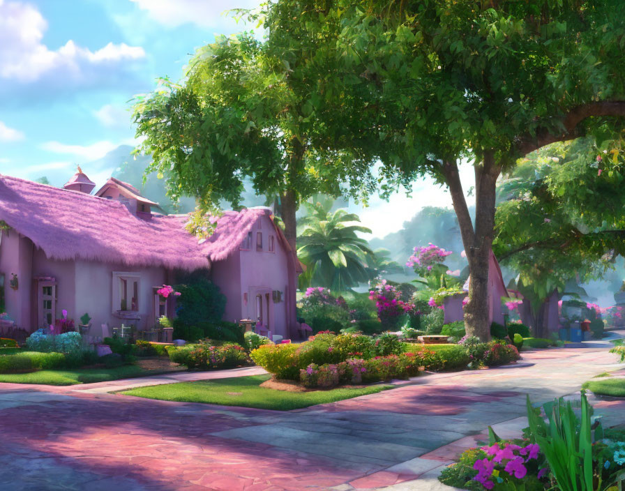 Picturesque village scene with pink-roofed houses, lush greenery, blooming flowers, cob