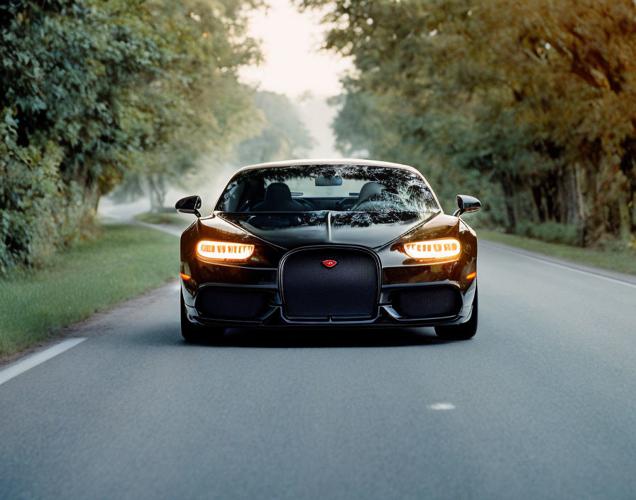 Black sports car driving on road with lush green trees and illuminated headlights