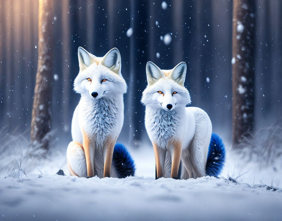 Foxes in snowy forest with falling snowflakes.