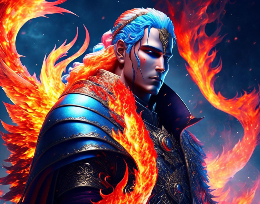 Character with Blue Hair and Armor in Orange Flames