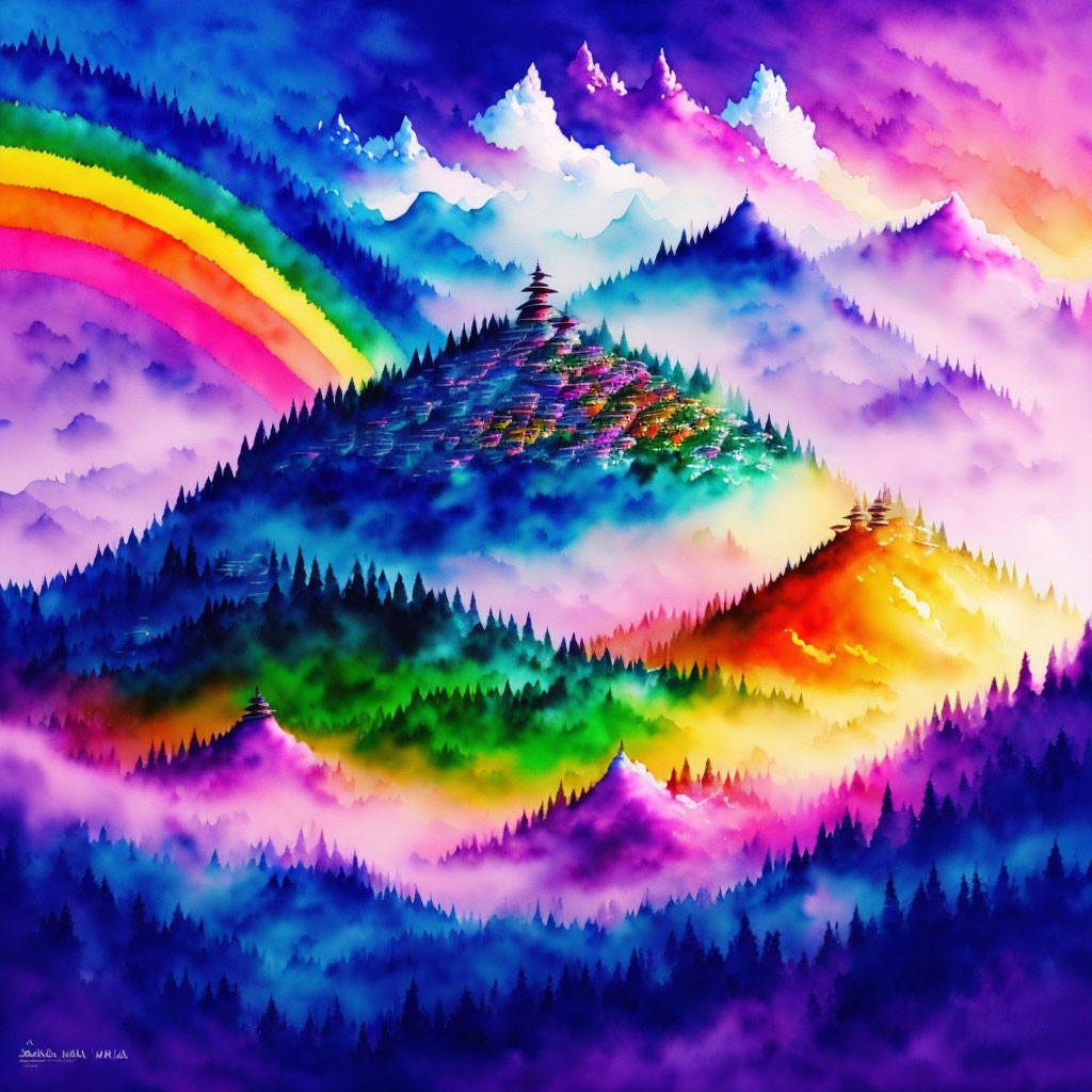 Colorful Landscape Painting: Mountain, Forests, Rainbow Sky