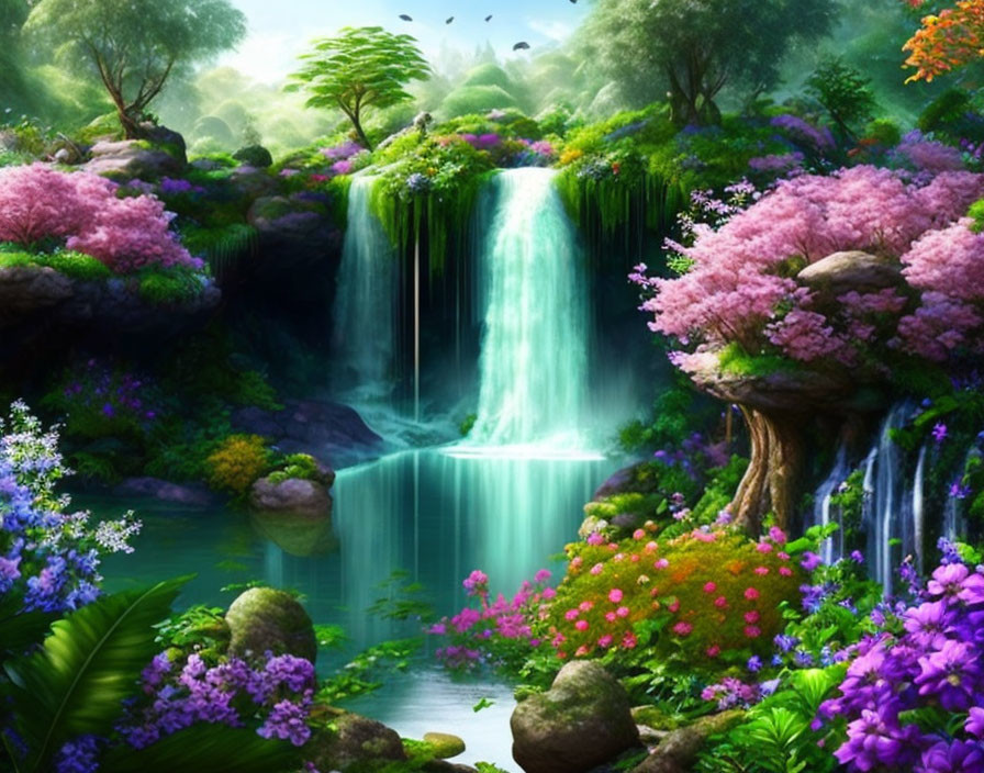 Fantastical landscape with waterfall, greenery, flowers & trees