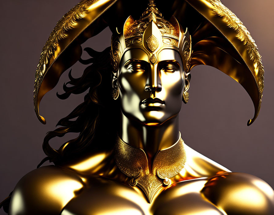 Golden 3D Render of Female Figure with Ornate Armor on Warm Background