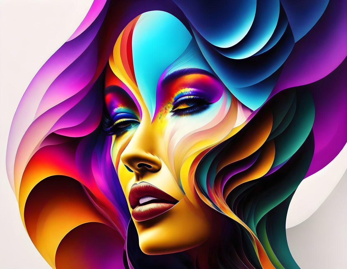 Colorful abstract digital art of a woman's face with bold makeup