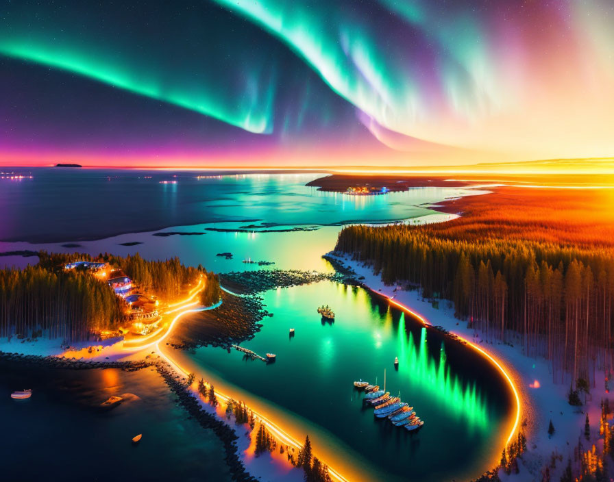 Northern lights illuminate vibrant landscape with lit shoreline, reflective waters, boats, and sunset forest.