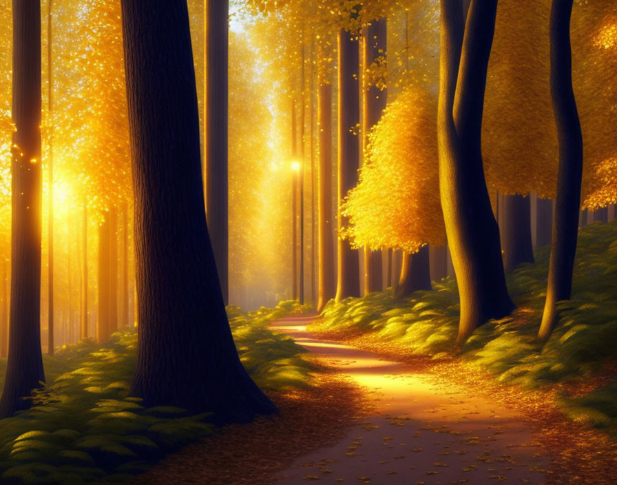 Tranquil Forest Path with Sunlit Trees