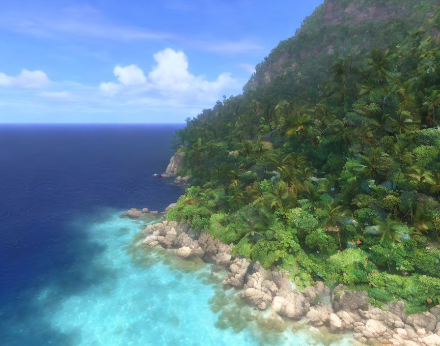 Scenic tropical coastline with lush greenery, rocky shore, and clear blue waters