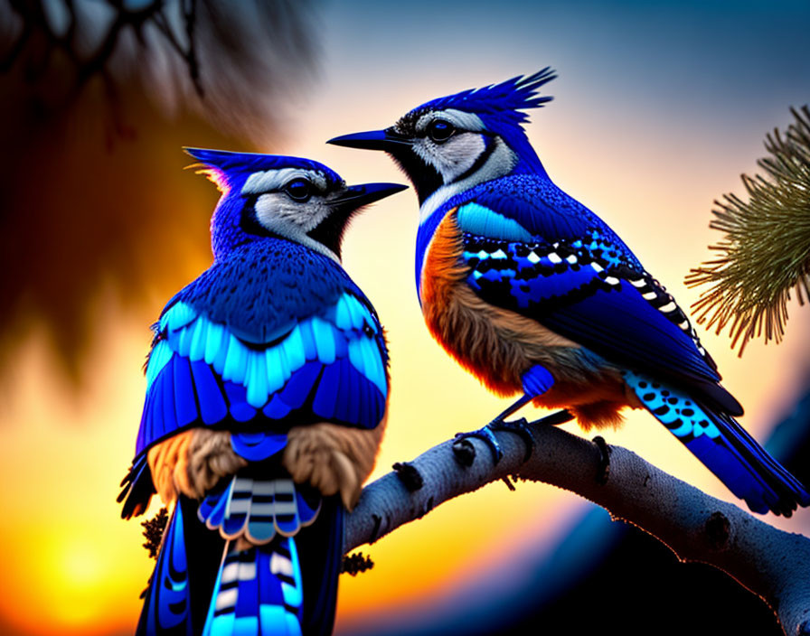 Vibrant blue jays on branch at sunset