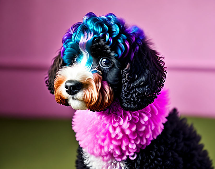 Colorful Curly Fur Dog on Pink Background Digital Art