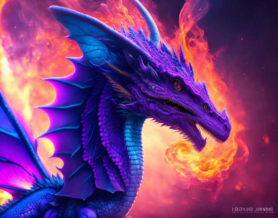 Colorful Digital Art: Majestic Purple and Blue Dragon in Fiery Landscape