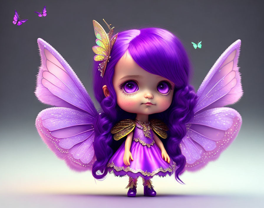 Fantasy creature illustration with purple hair, butterfly wings, and butterflies.