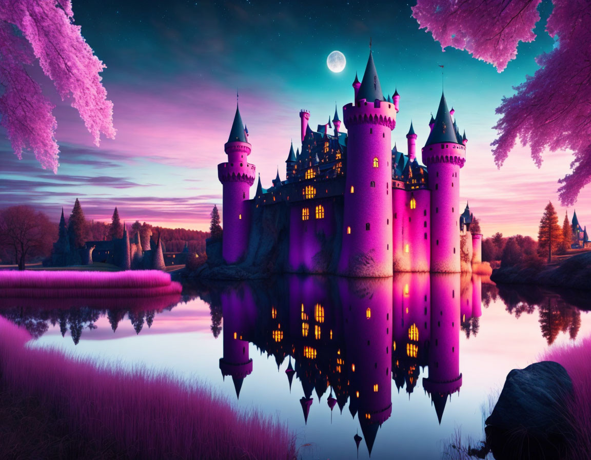 Purple castle with spires mirrored in lake at twilight with crescent moon and pink foliage