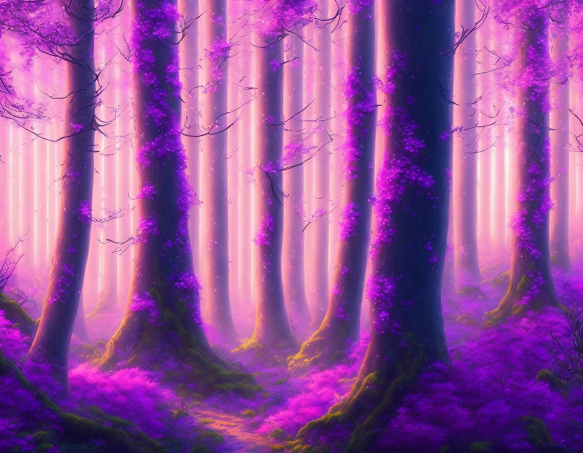 Vibrant purple foliage in mystical forest with tall trees and soft light