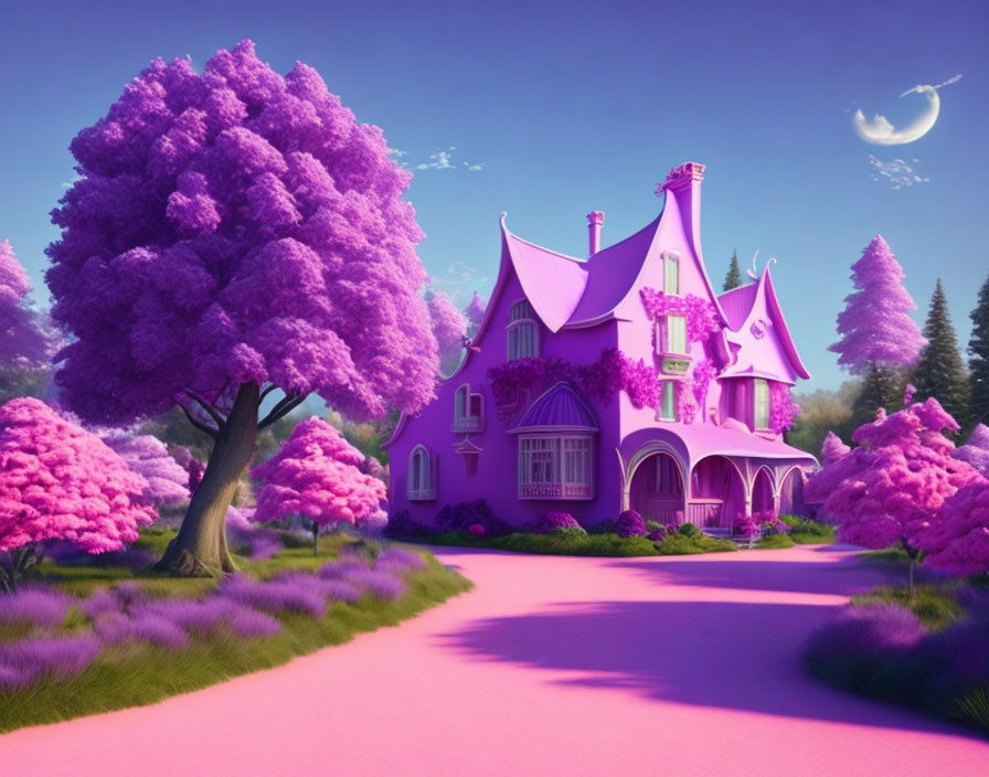 Lavender-colored house in purple tree landscape with crescent moon