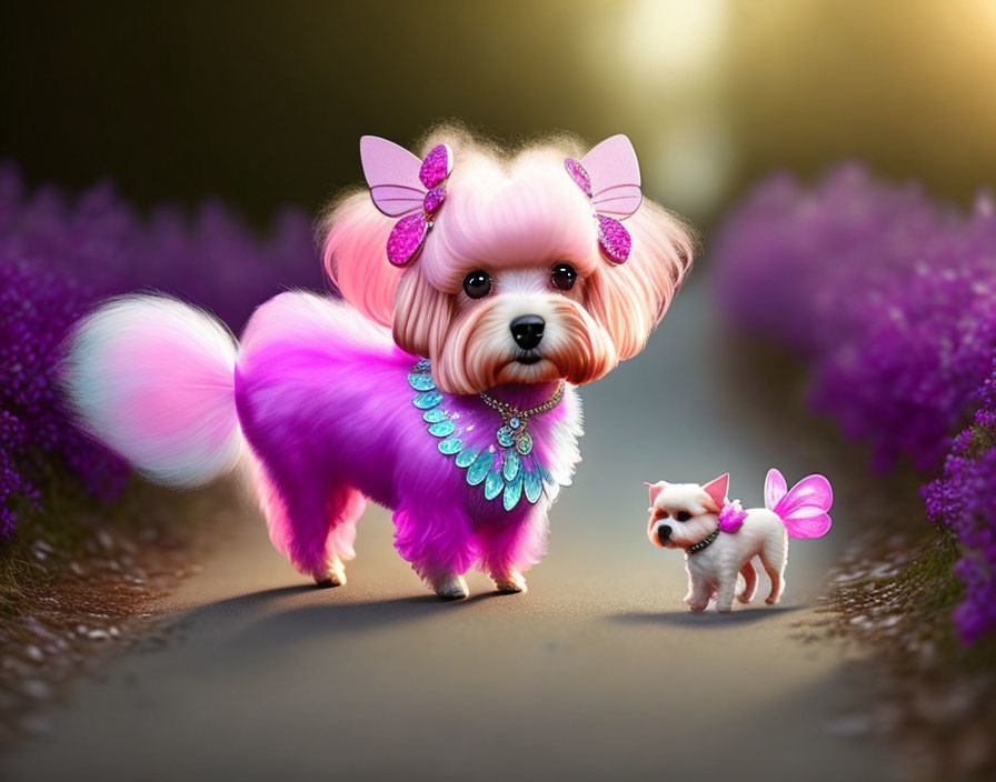 Large Purple Fluffy Dog with Butterfly Wings and Bows in Digital Art