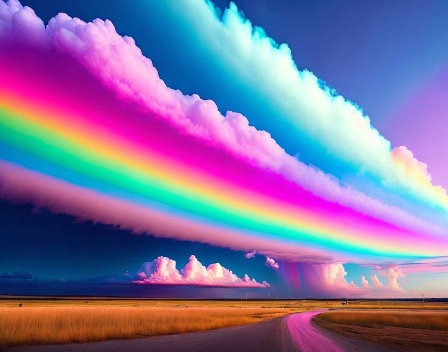 Digitally altered rainbow clouds over scenic landscape with winding road.