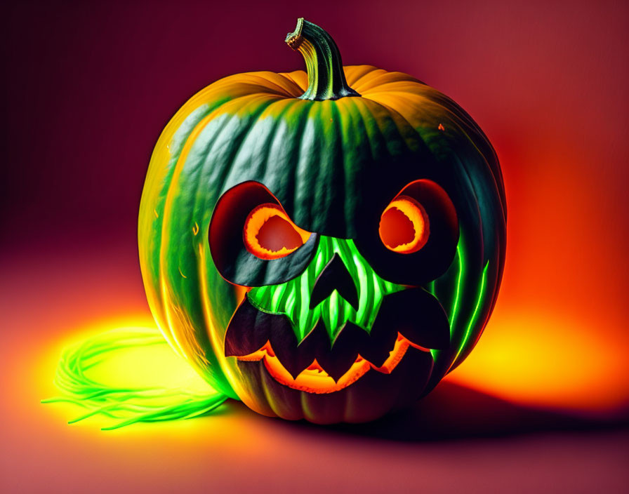 Creepy carved pumpkin with glowing interior on red background