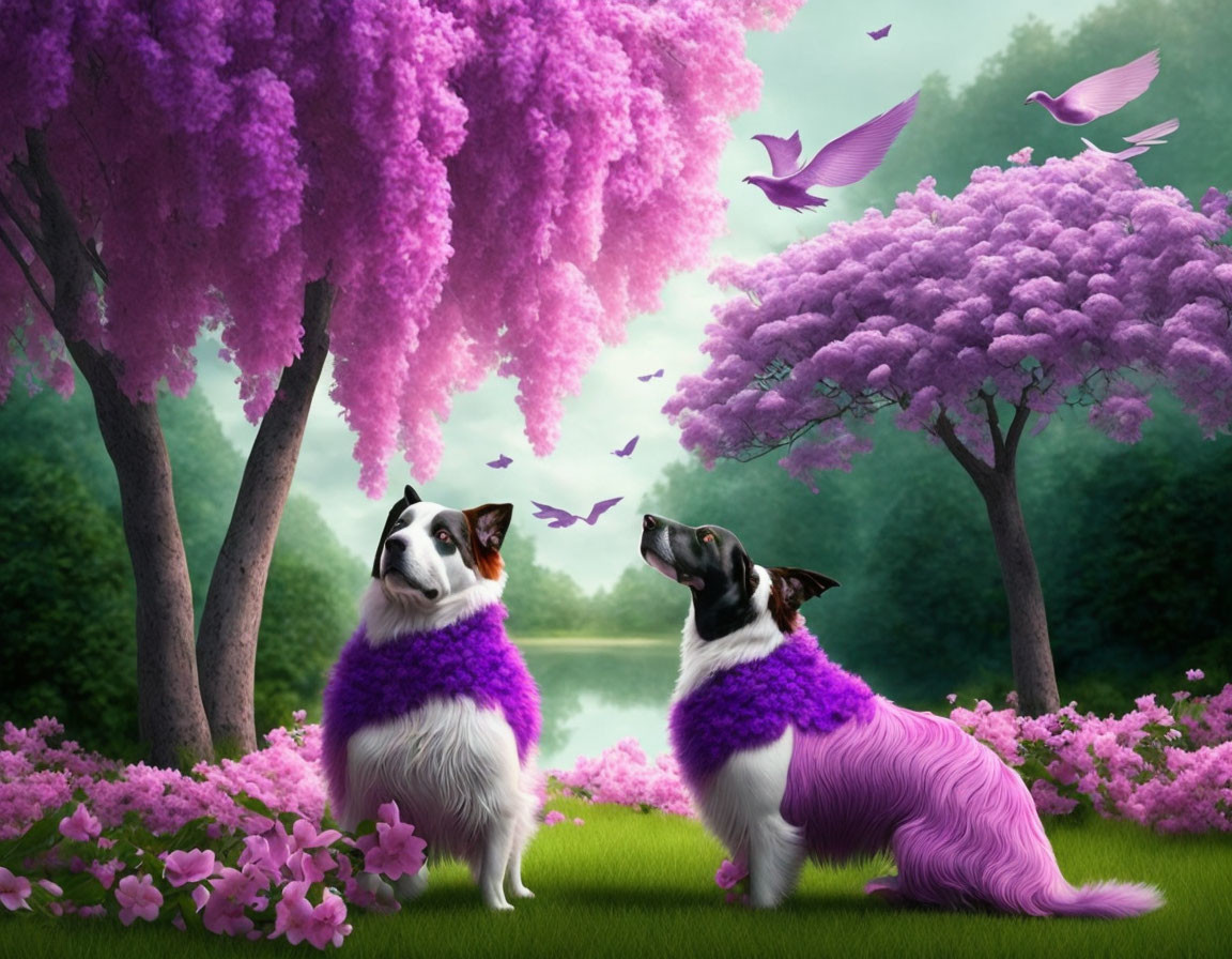 Purple fur dogs in whimsical landscape with vibrant trees.