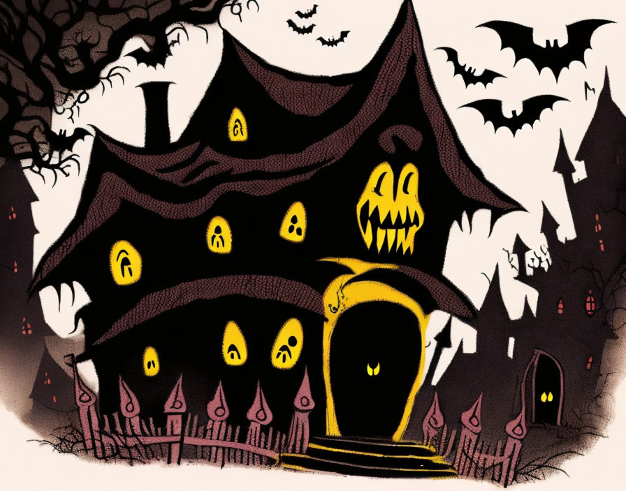 Spooky Halloween-themed illustration of a pumpkin-headed house with bats in a gloomy setting