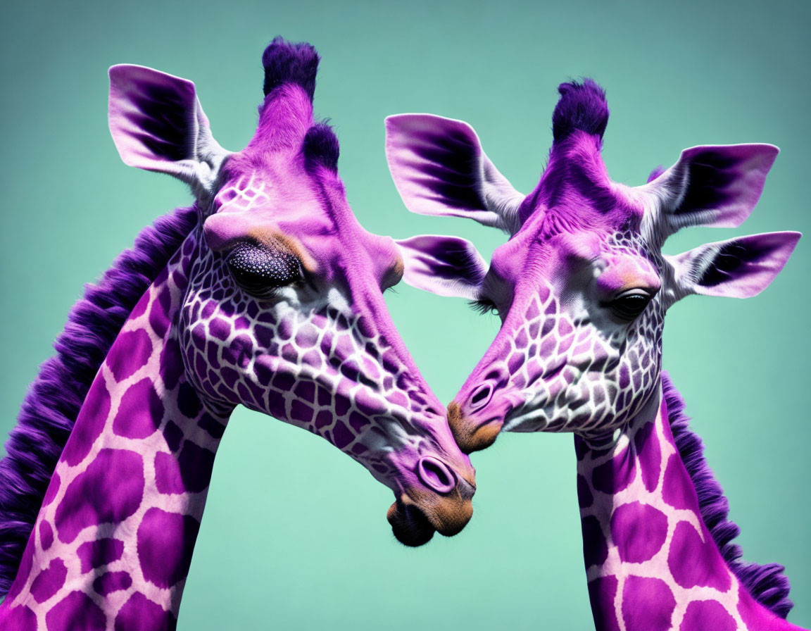 Giraffes with Purple Spots on Teal Background