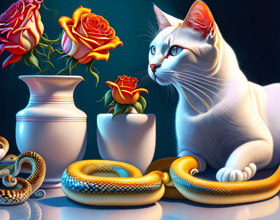 White cat with blue eyes beside roses and snake on dark background