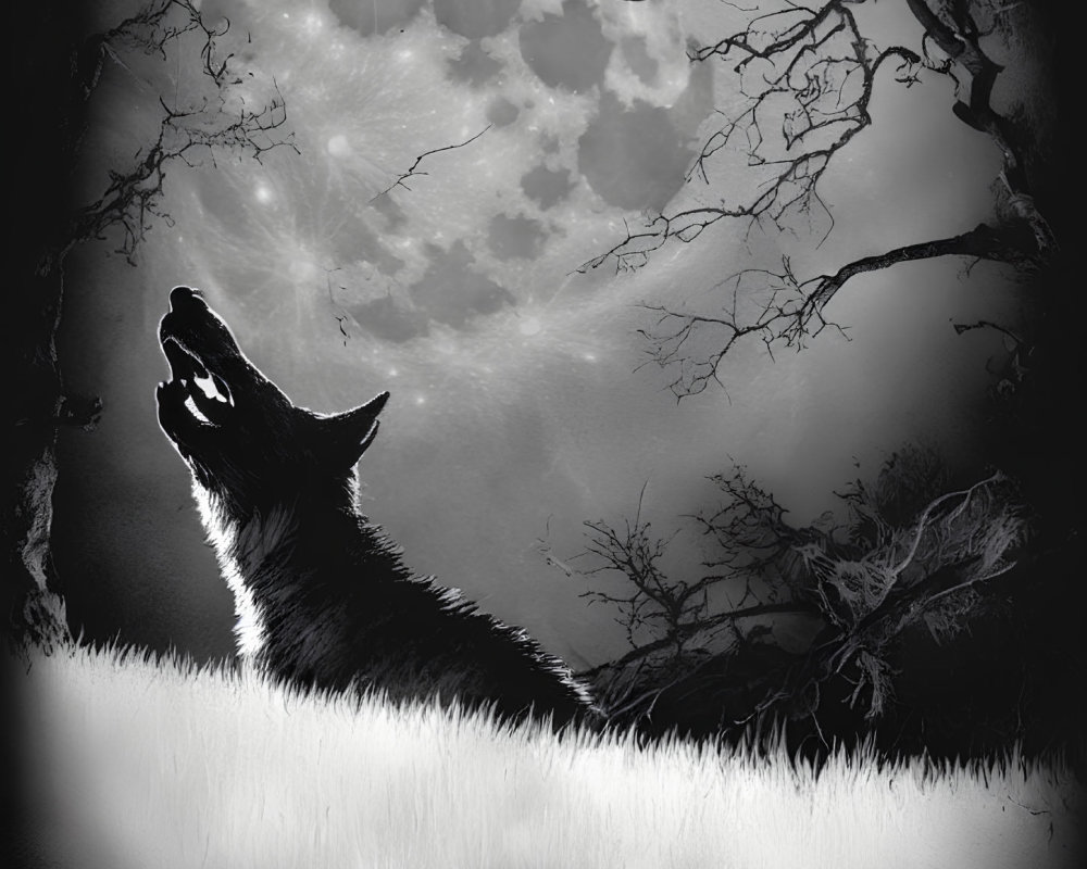 Monochrome picture of lone wolf howling under full moon