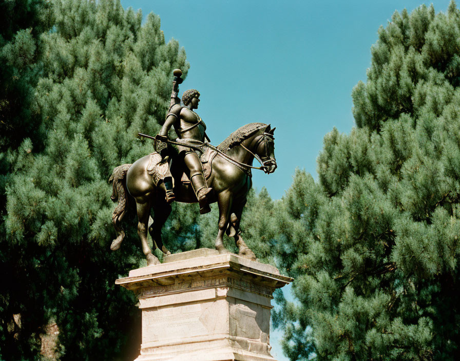 Bronze equestrian warrior statue on pedestal amid green trees.