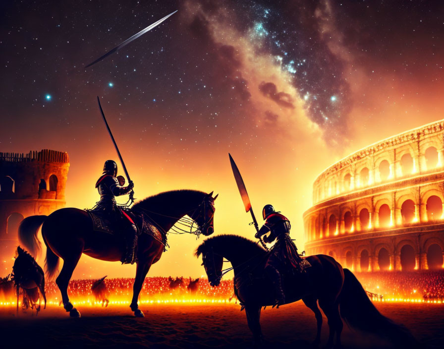 Silhouetted knights on horseback under starry sky with shooting star