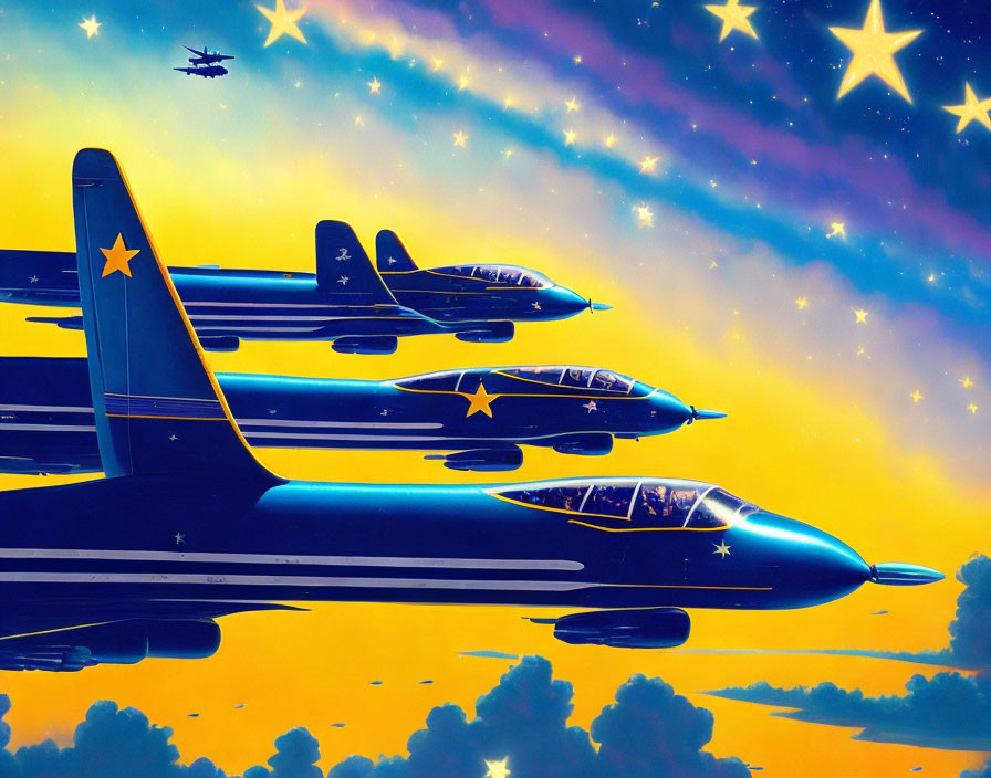 Colorful squadron of blue jets flying in formation under starry twilight sky