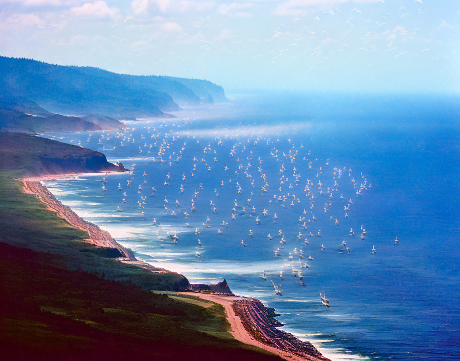 Scenic coastal landscape with birds, beach, and cliff