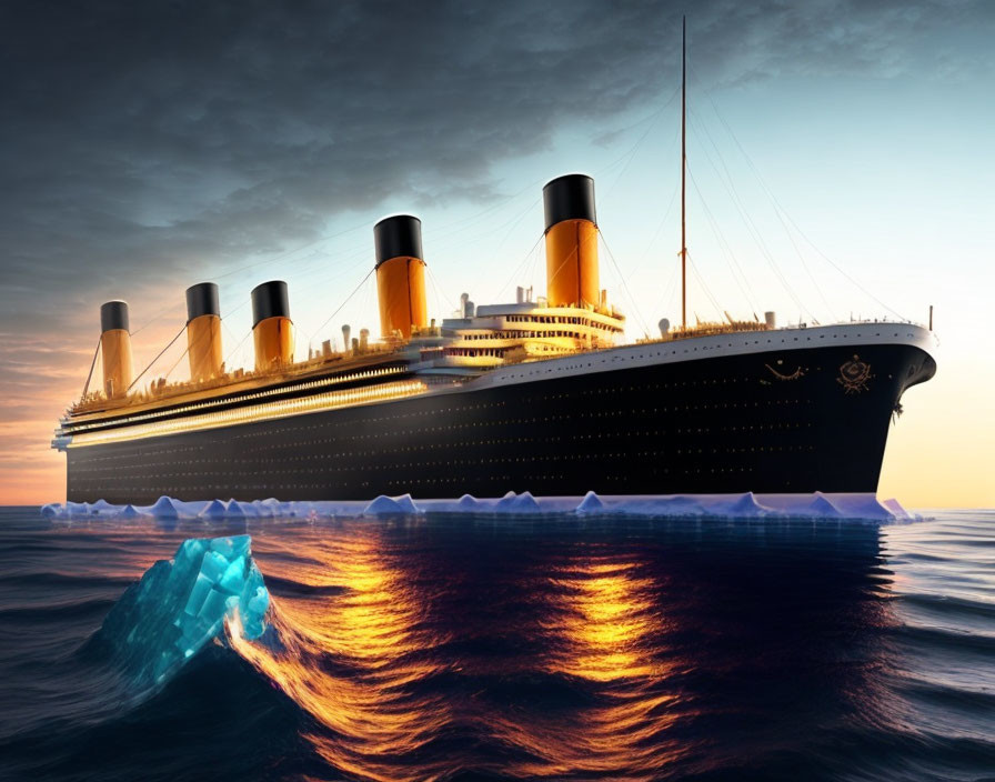 Vintage ocean liner sailing near iceberg at dusk