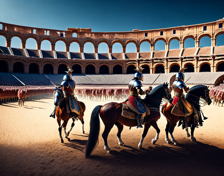 Medieval knights on horseback in full regalia in ancient arena with spectators