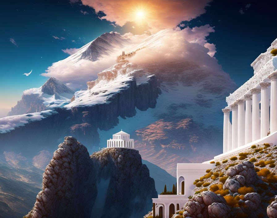 Fantastical snowy mountains and ancient Greek-style buildings at sunrise