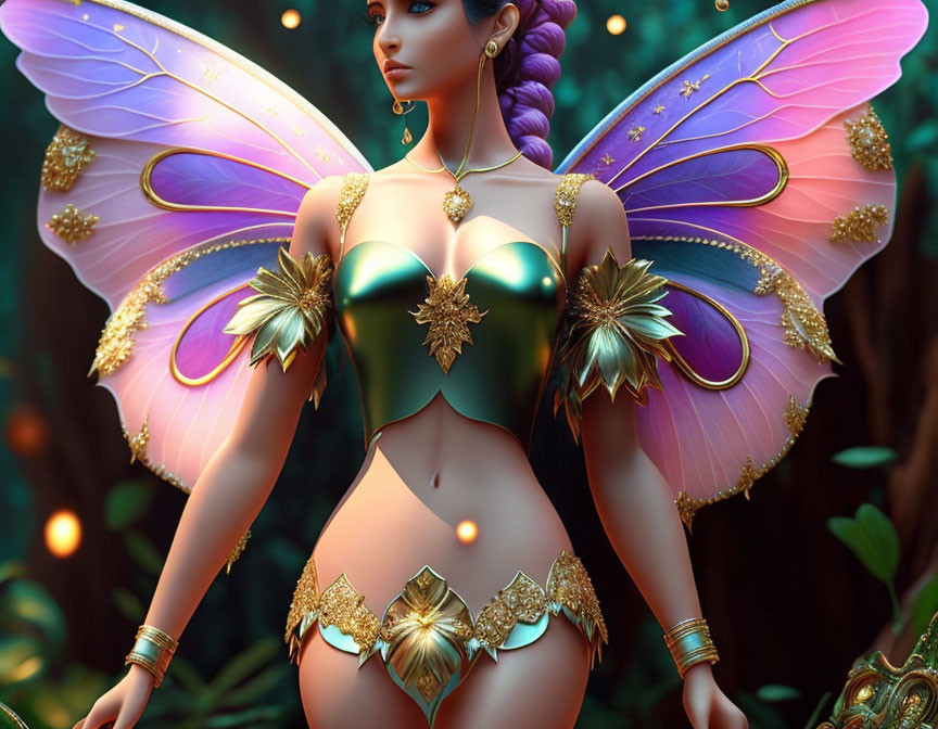 Fantasy illustration: Fairy with iridescent wings in golden armor in mystical forest