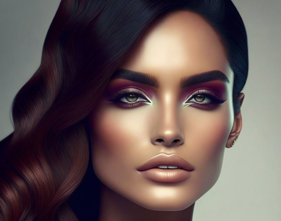 Digital portrait of woman with flowing hair and bold eye makeup on muted background